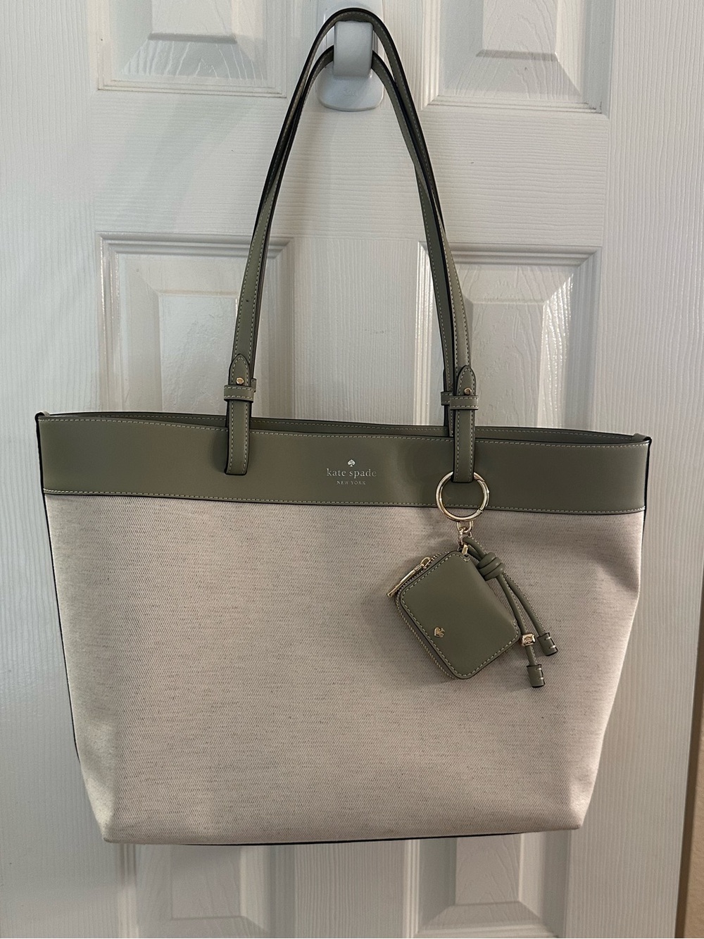 kate spade Olive and Cream Canvas Tote with Coin Pouch